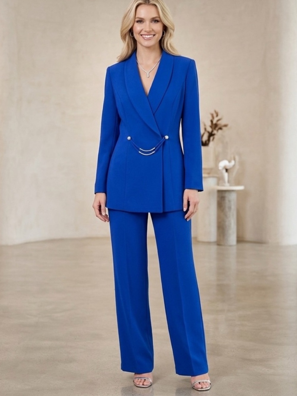 Vintage 90s Pants Suit Blazer Dress Trousers Blue Silver Chain Formal Size 16W - Picture 6 of 16